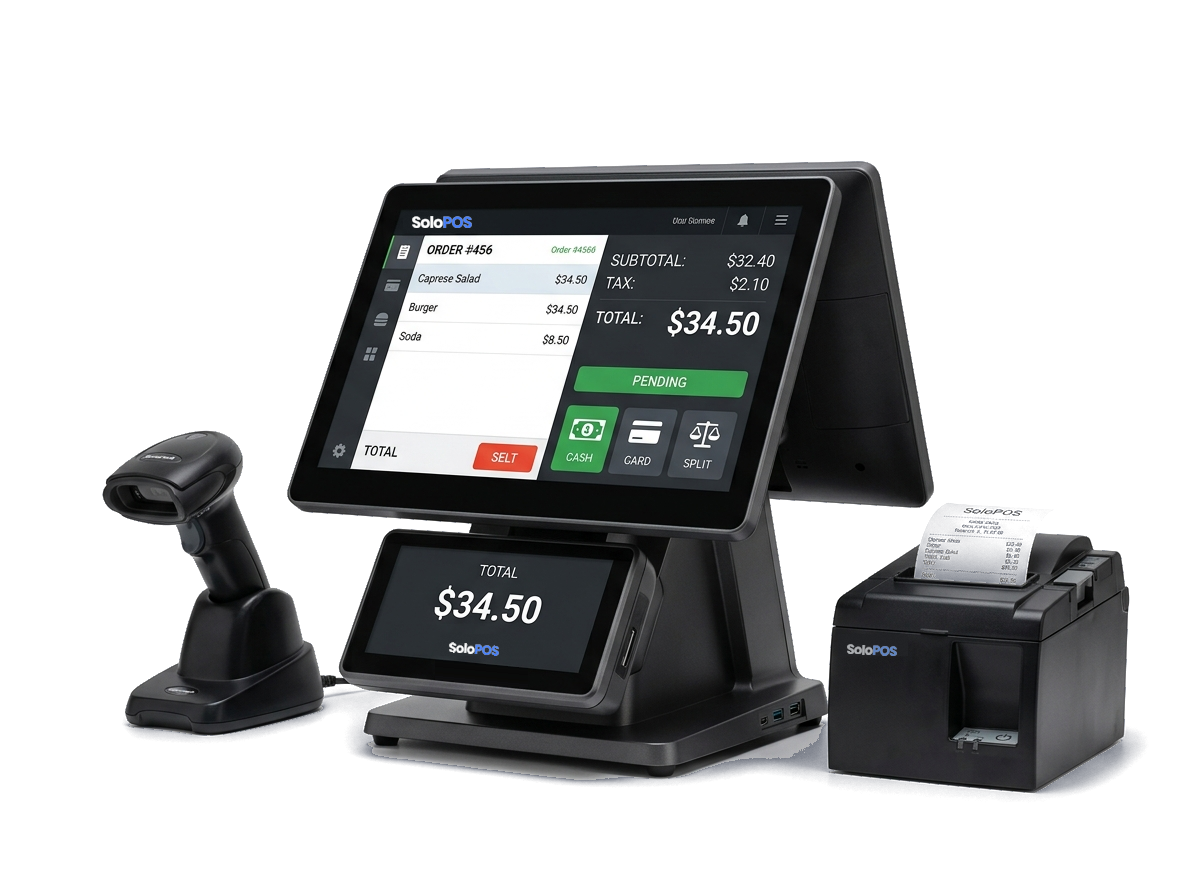 SoloPOS Inward-Facing Commercial Dual-Screen Terminal Kit with Thermal Printer and Barcode Scanner
